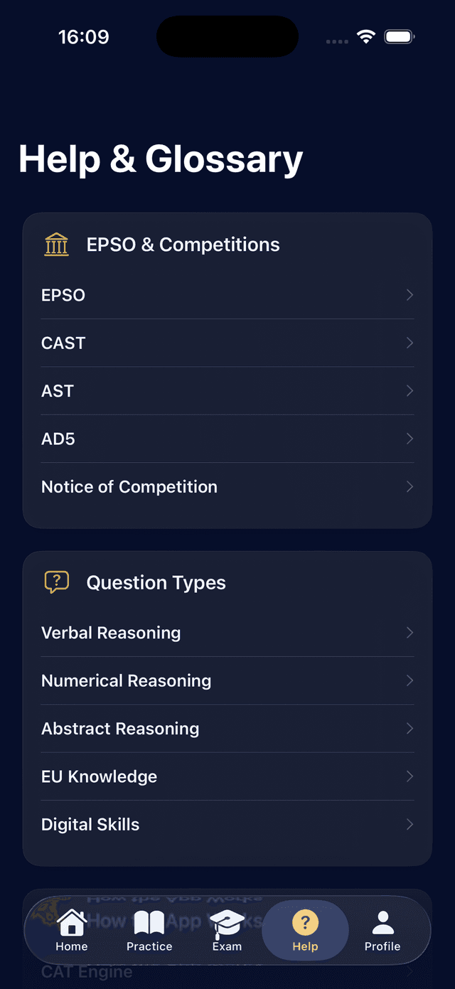 Glossary · EPSO · Question types