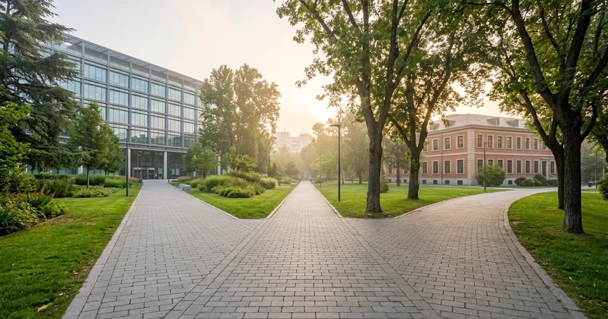 Un sentiero nel parco che si biforca verso un moderno edificio di vetro e uno di mattoni