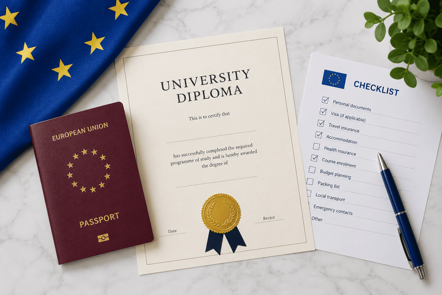 EU-Reisepass und Hochschuldiplom auf einem Schreibtisch mit einer Checkliste