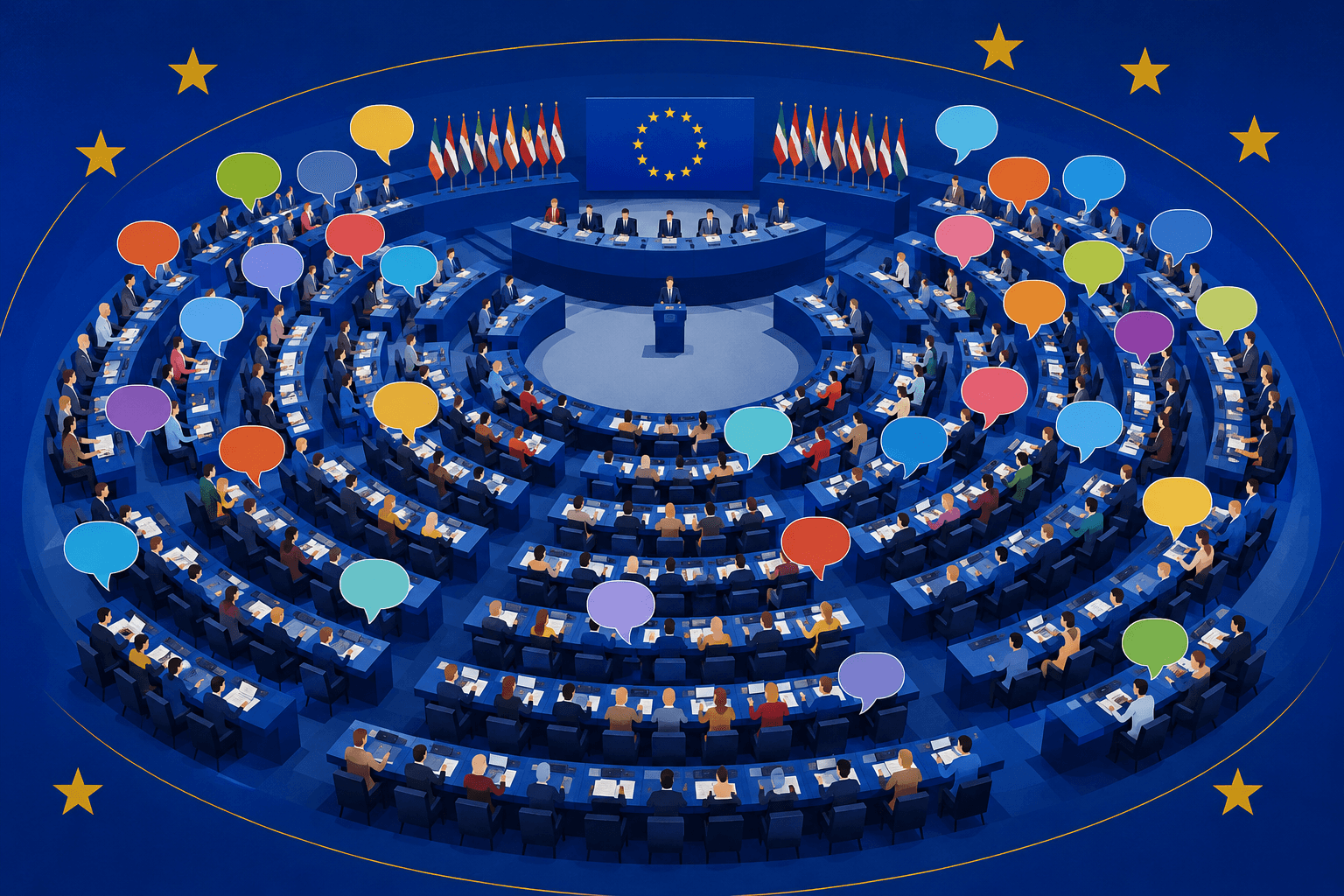 EU flags from multiple member states arranged in a circle with speech bubbles in different languages