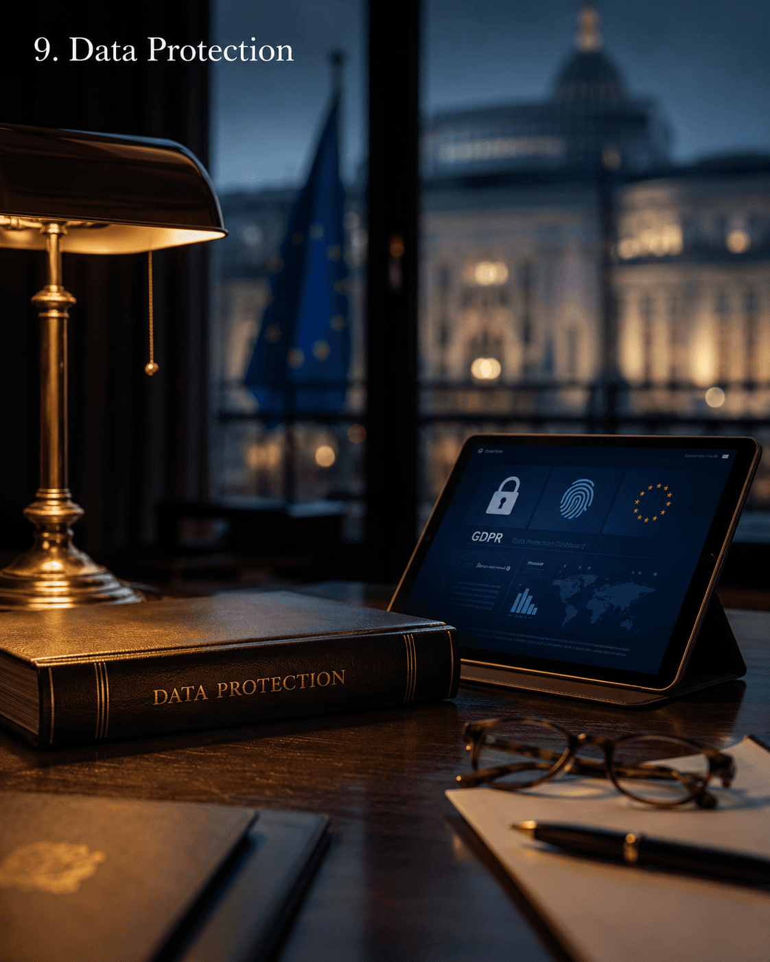 Dossier etichettato Data Protection su una scrivania di Bruxelles, bandiera dell'UE e un dashboard GDPR che brilla su un tablet al tramonto