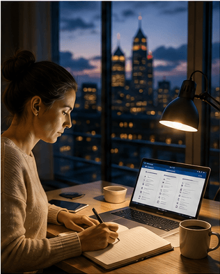 Professionnel étudiant pour un examen à un bureau avec un ordinateur portable et un café le soir