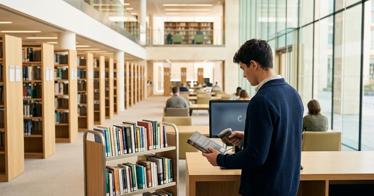 Librarian scanning the barcode of a new book in a modern institutional library