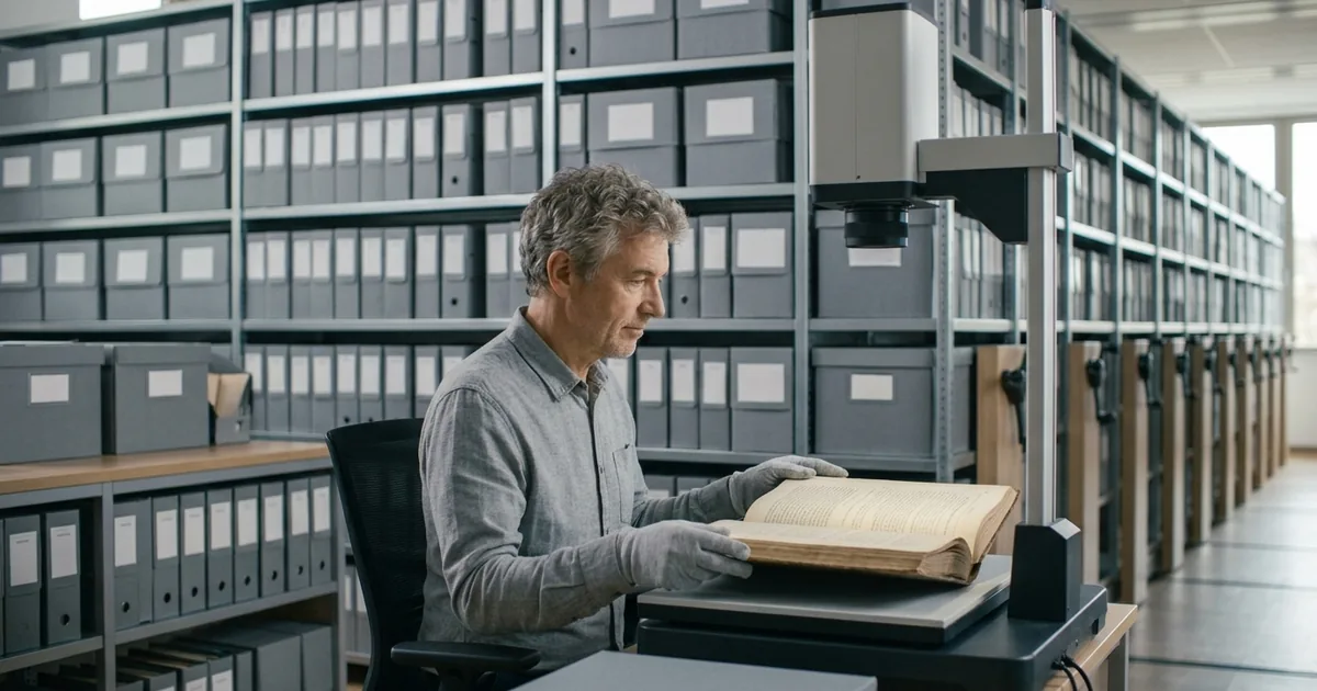 Archivista con guanti di cotone che digitalizza un antico volume rilegato tra file di scatole d'archivio