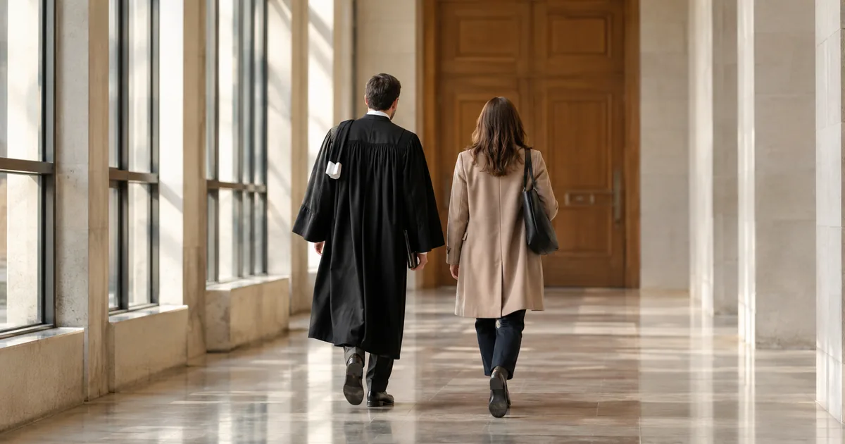 Ein Anwalt in Robe und eine Bürgerin gehen gemeinsam auf die Tür eines Gerichtssaals zu
