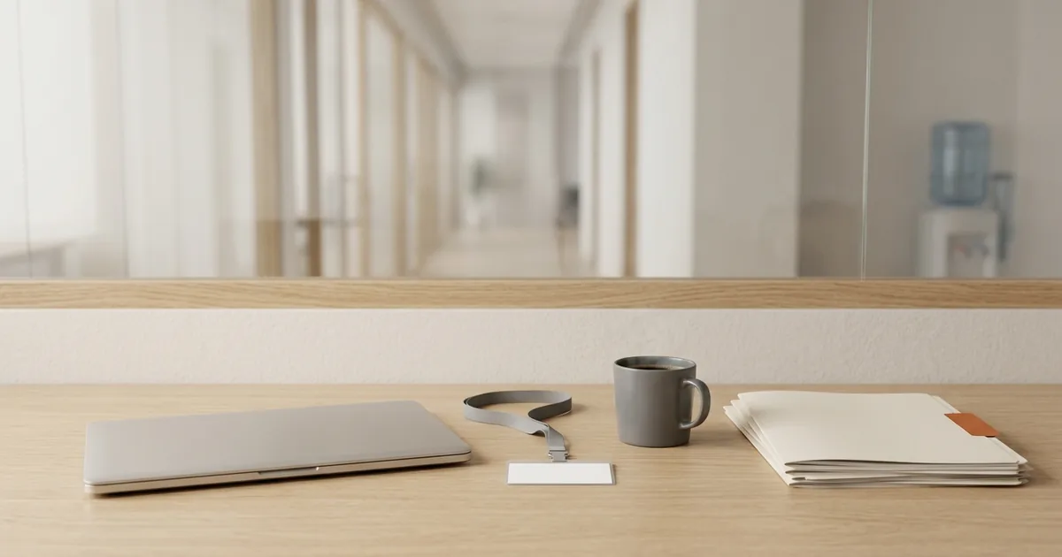Office desk with a closed laptop, a staff badge on a lanyard, a mug and folders, by an institutional corridor