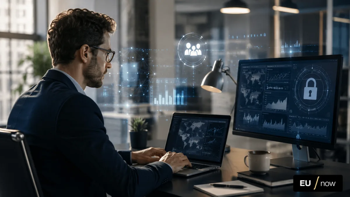 Professionista che lavora con strumenti digitali, competenze del framework DigComp