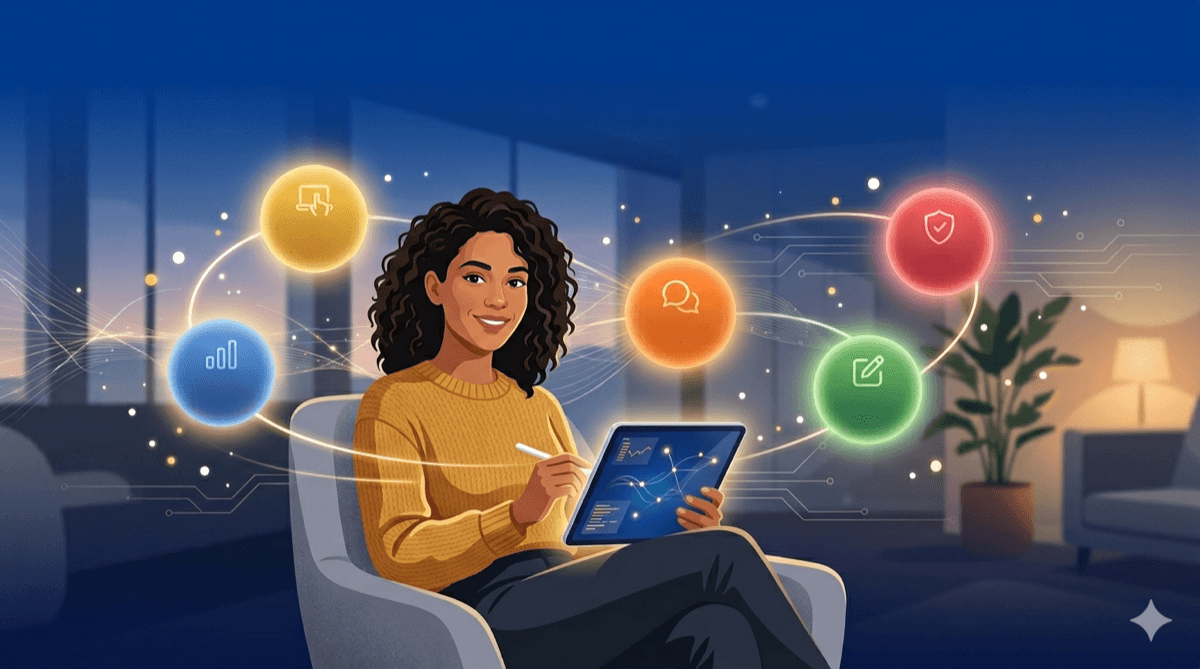 Une jeune professionnelle détendue avec une tablette, entourée de cinq orbes lumineux à code couleur représentant les cinq domaines de compétence DigComp, reliés par de douces traînées de lumière évoquant l'IA