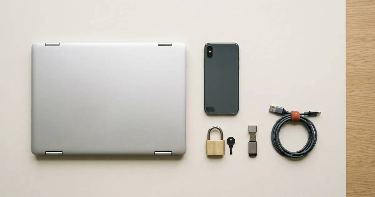 Flat lay of a laptop, a smartphone, a padlock, a USB stick and a cable
