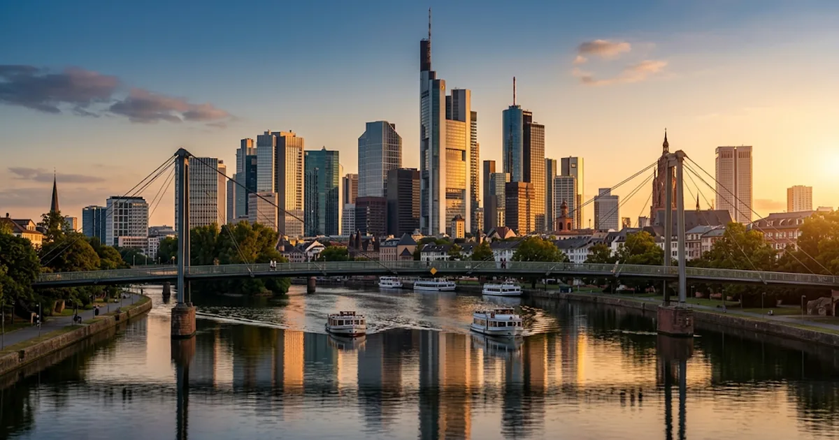 El perfil urbano de Fráncfort del Meno al atardecer, reflejado en el río Meno