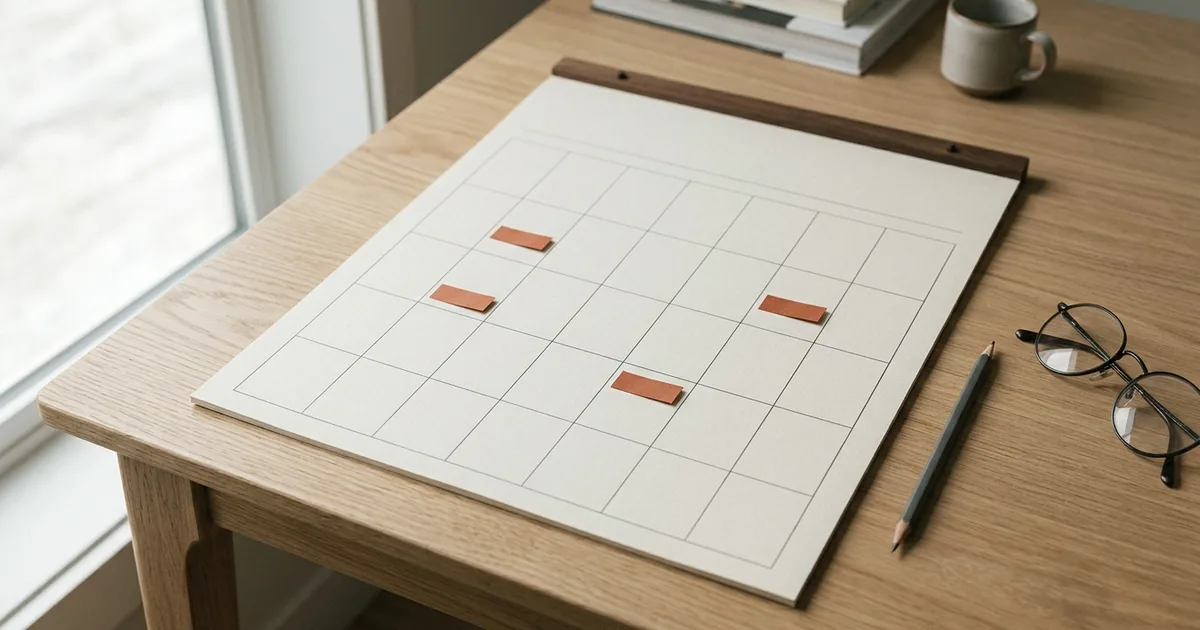 Blank planning grid with a few marked sessions on a wooden desk, next to a pencil and glasses