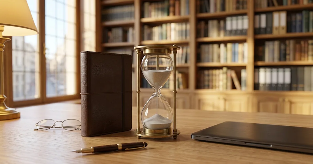An hourglass with running sand on a desk next to a planner and a laptop