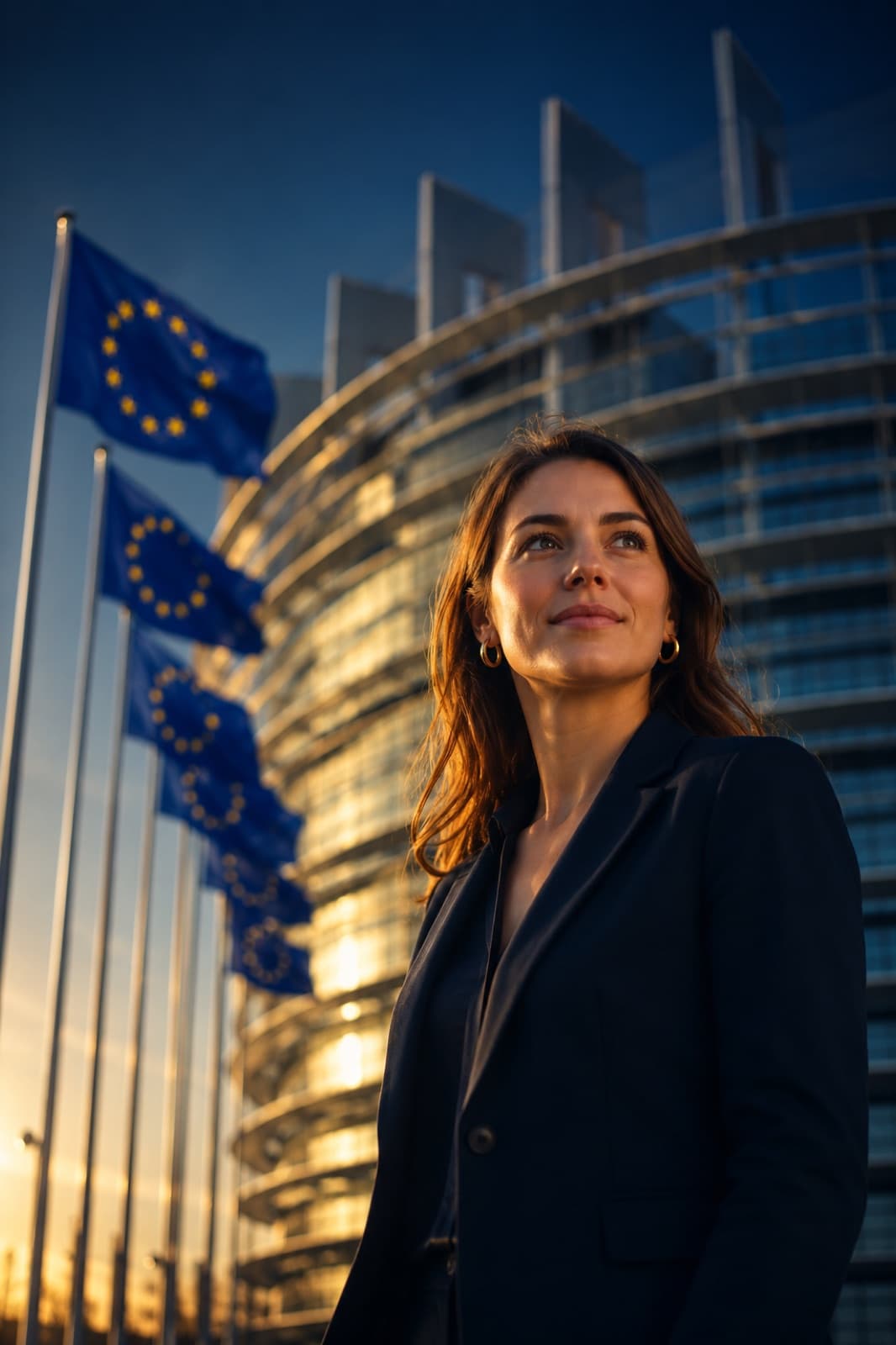 Un candidato frente al Parlamento Europeo en Estrasburgo durante la hora dorada, con banderas de la UE en primer plano