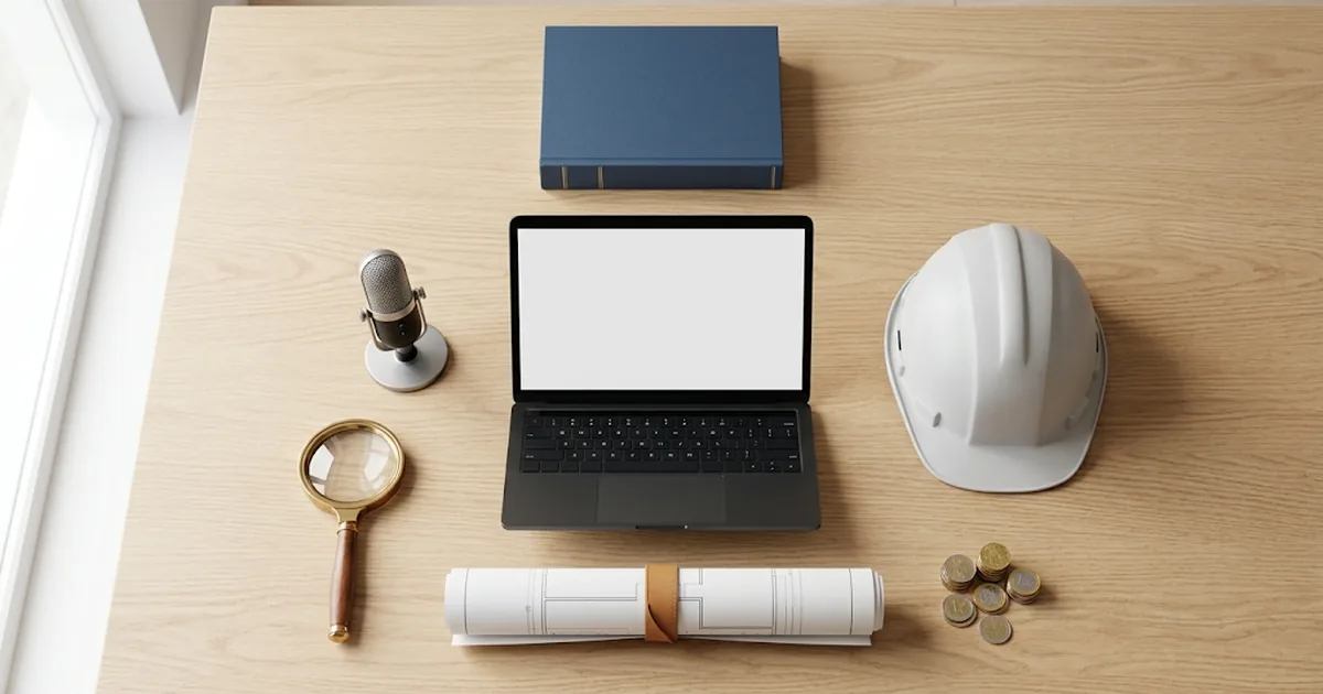 Tools of different professions on a desk: book, laptop, hard hat, magnifying glass, microphone, blueprint and coins