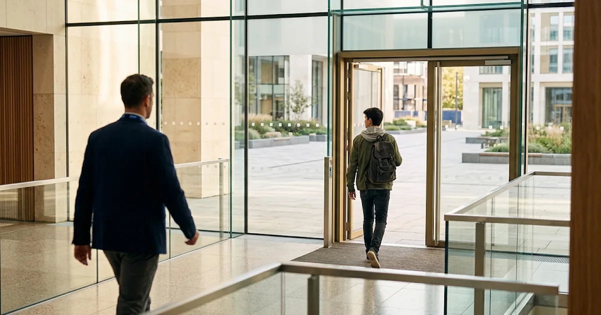 Glass lobby of an institution: a staff member in the foreground and a young man with a backpack at the entrance door