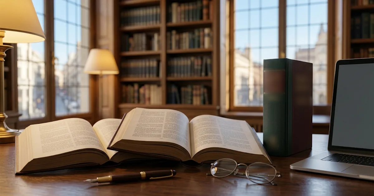 Translator's desk with two open law books, a thick dictionary, a fountain pen and a laptop