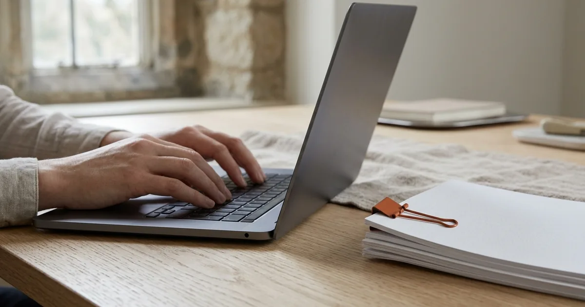 Hands typing on a laptop next to a stack of papers
