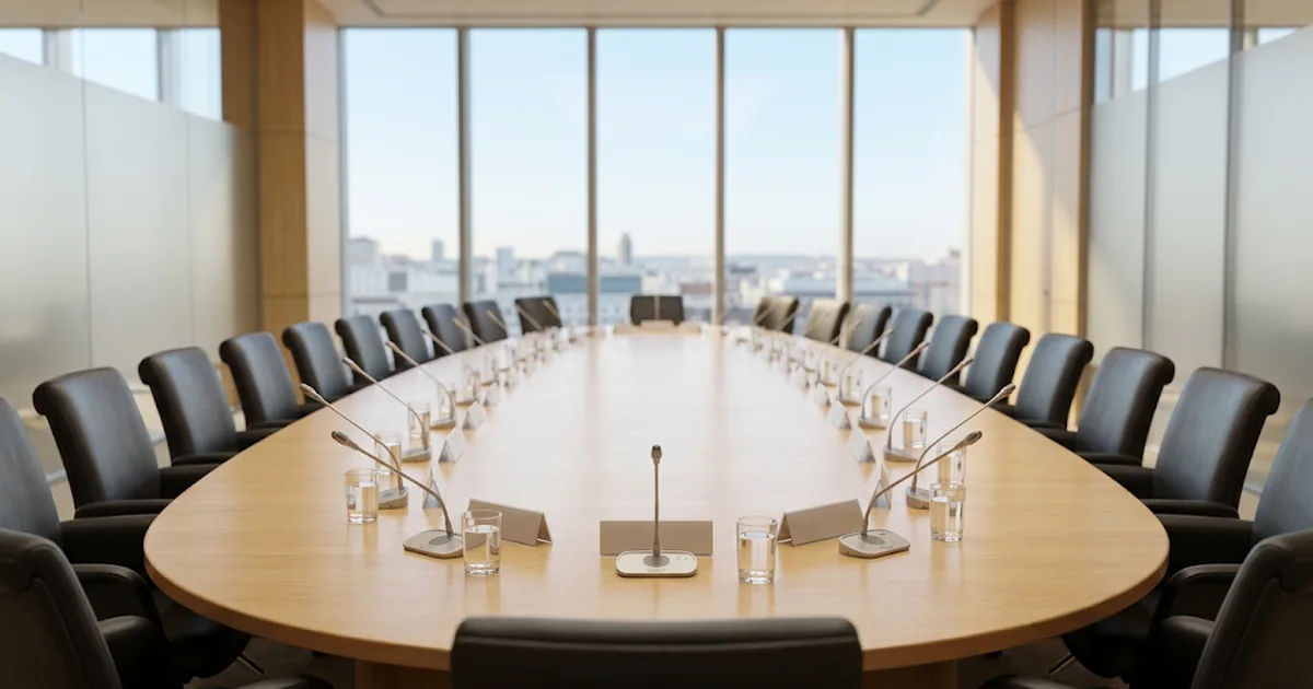 Empty oval summit table with microphones and blank name plates in a conference hall