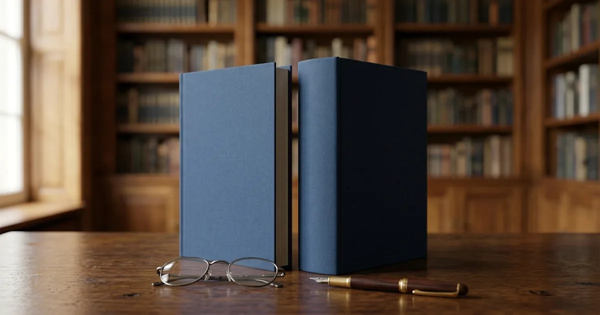 Two blue bound volumes of different thickness standing side by side on a desk