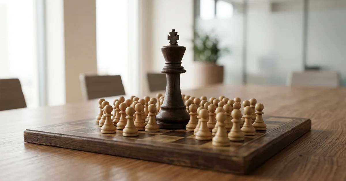 An oversized chess king towering over a crowd of small pawns
