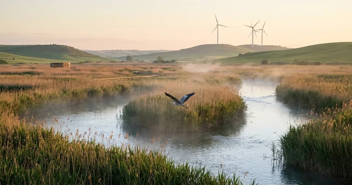 Protected wetland at sunrise with a heron in flight and wind turbines on the hills