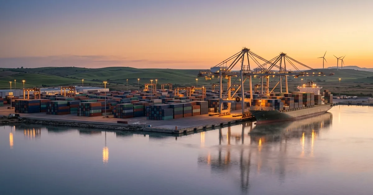Container port at dusk with gantry cranes loading a cargo ship