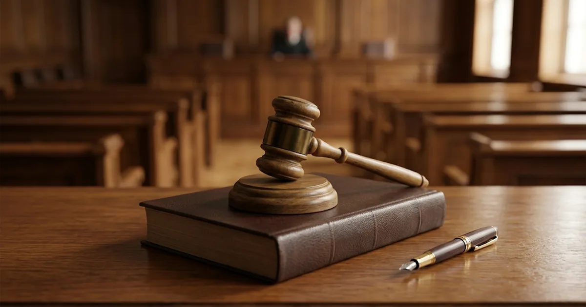 Judge's gavel resting on a leather-bound legal volume in an empty courtroom