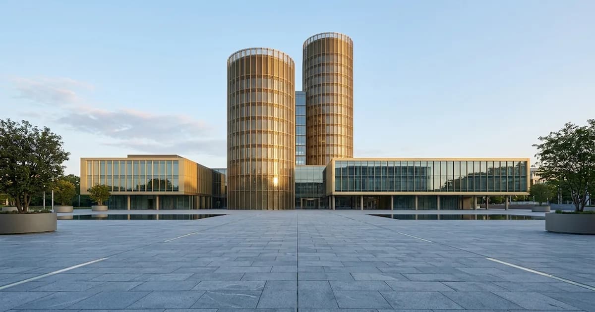 Complejo judicial europeo moderno con dos torres doradas y una amplia explanada de piedra