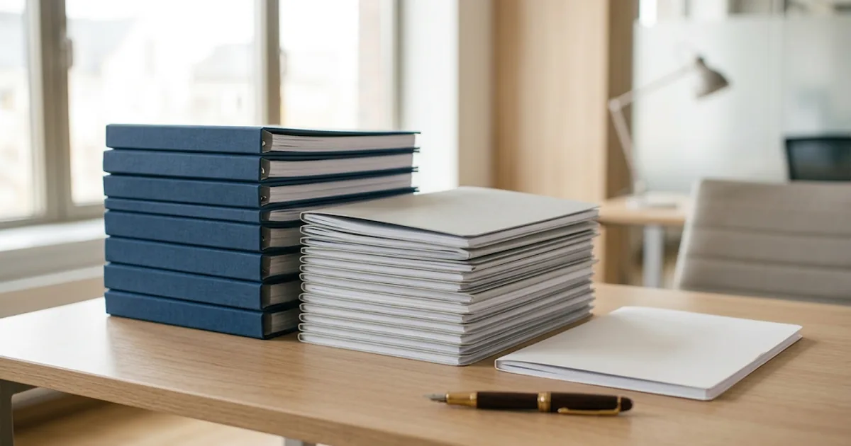 Three stacks of documents of different heights on a desk, from tall blue binders to a single white folder