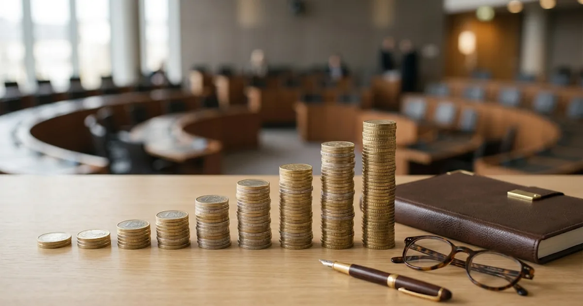 Rising stacks of euro coins beside a leather ledger, with a parliamentary chamber in the background
