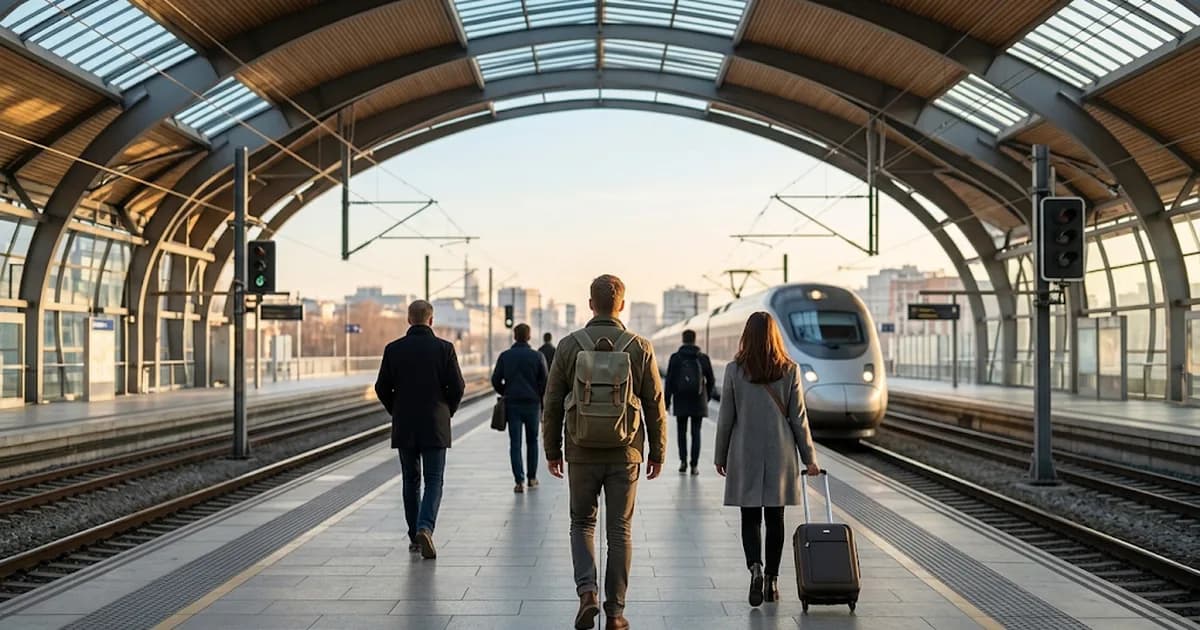 Viajeros con mochila y maleta caminando hacia un tren de alta velocidad en el andén de una estación