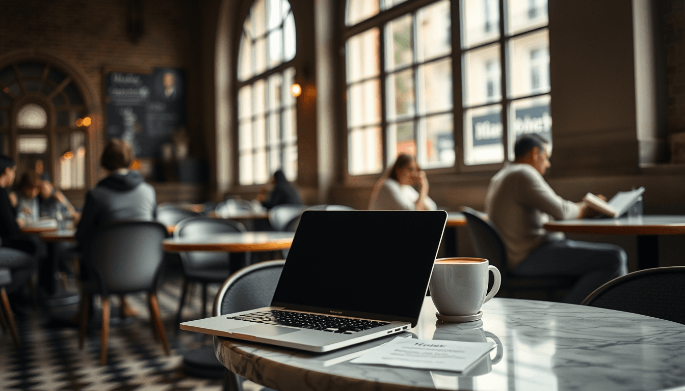 Person studying at a café with notes and laptop