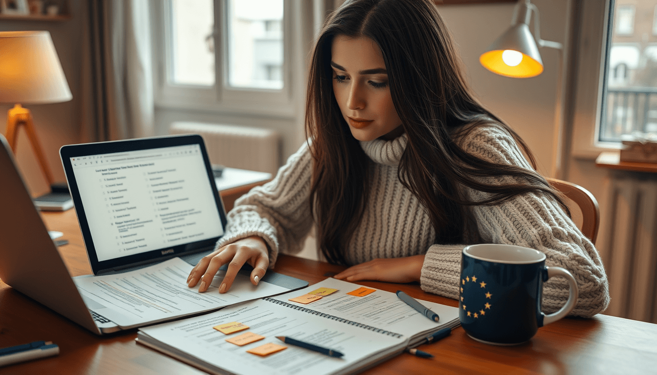 Person studiert in einer Kaffeebar mit Notizen und Laptop