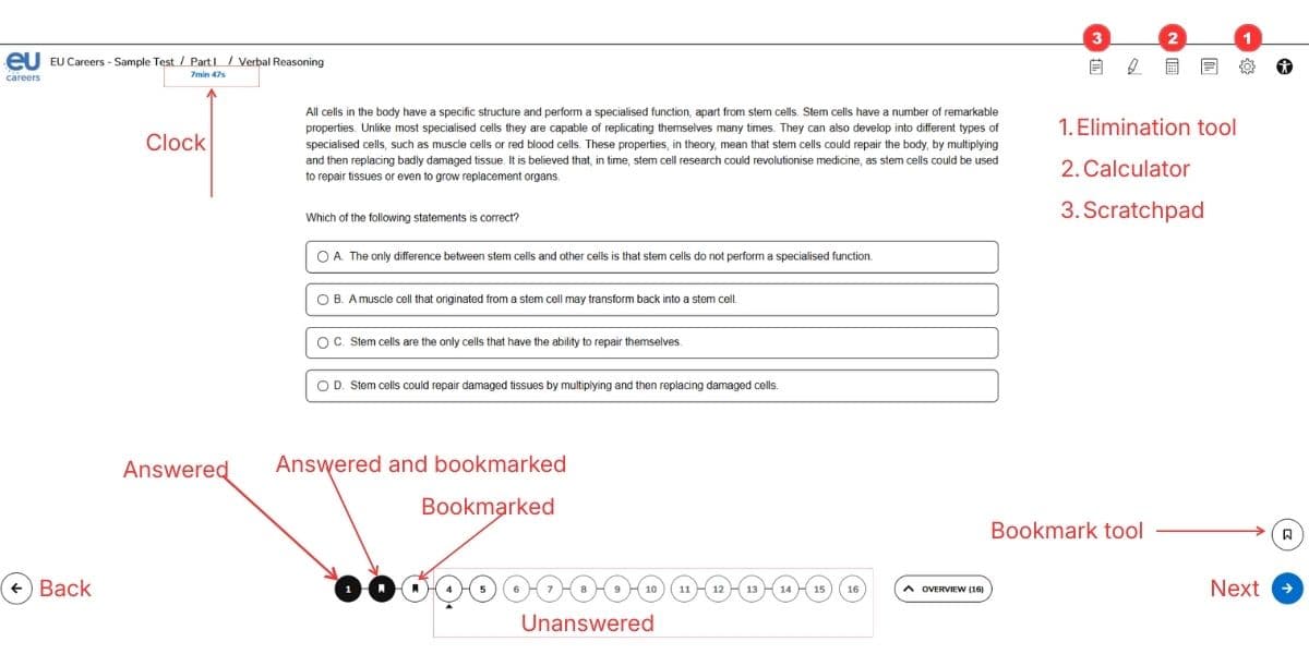 EPSO TAO platform overview showing the exam interface