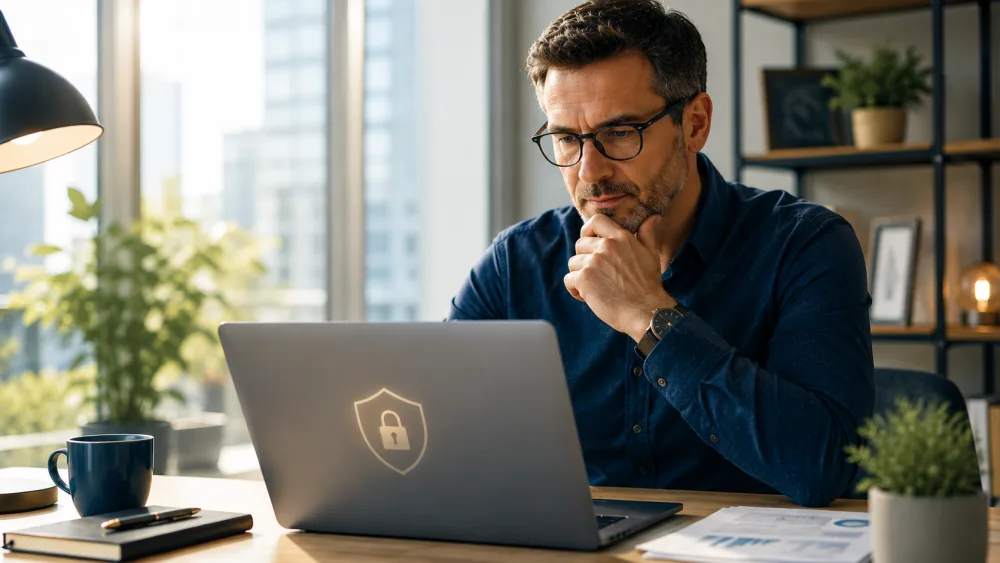 Professionnel évaluant un aspect de sécurité numérique sur ordinateur