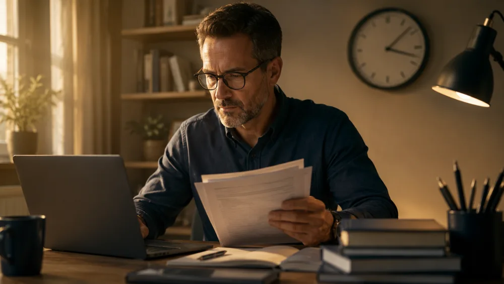 Profesional que redacta un documento leyendo los materiales proporcionados