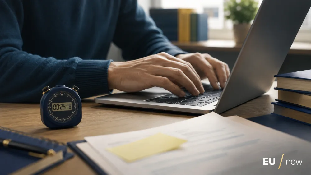Mains tapant sur l'ordinateur avec un chronomètre à côté